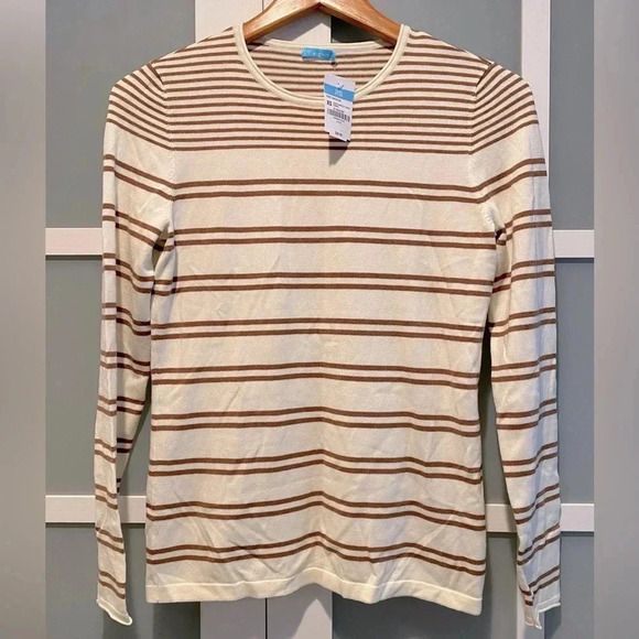 J.McLaughlin Women’s Poet‎ Lightweight Sweater White/Coffee Stripe Cotton XS NEW - Picture 2 of 8
